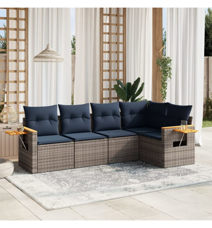 Salon de jardin 5 pcs avec coussins gris résine tressée | Mobilier & Déco