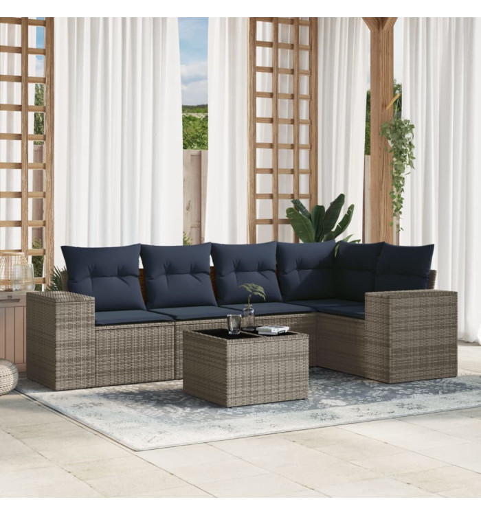 Salon de jardin 6 pcs avec coussins gris résine tressée | Mobilier & Déco