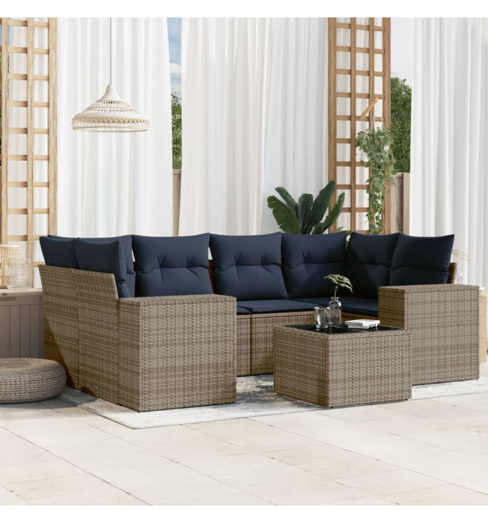 Salon de jardin 7 pcs avec coussins gris résine tressée | Mobilier & Déco