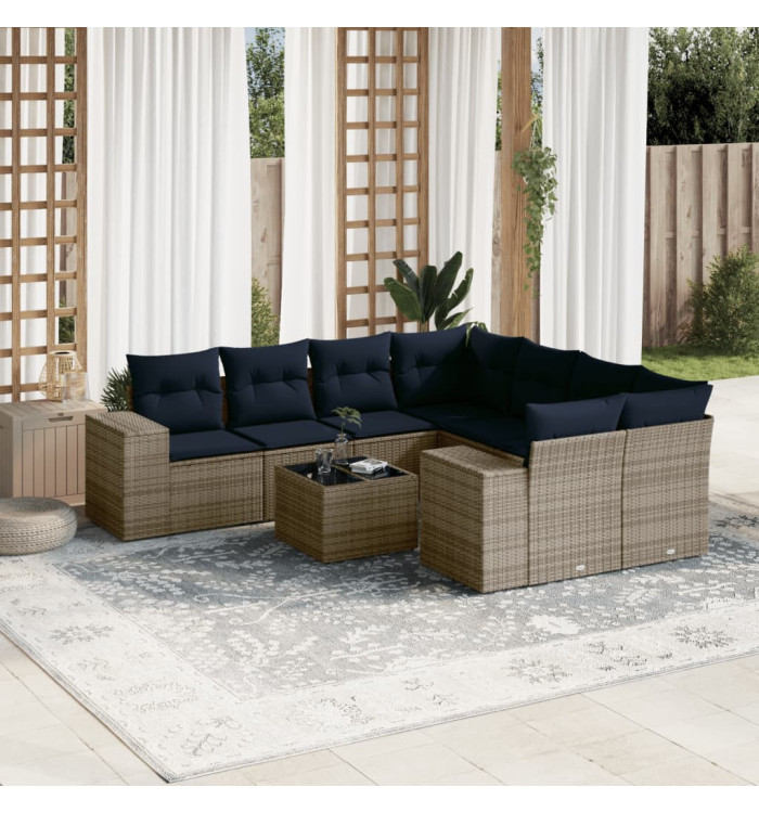 Salon de jardin 9 pcs avec coussins gris résine tressée | Mobilier & Déco