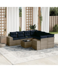 Salon de jardin 9 pcs avec coussins gris résine tressée | Mobilier & Déco