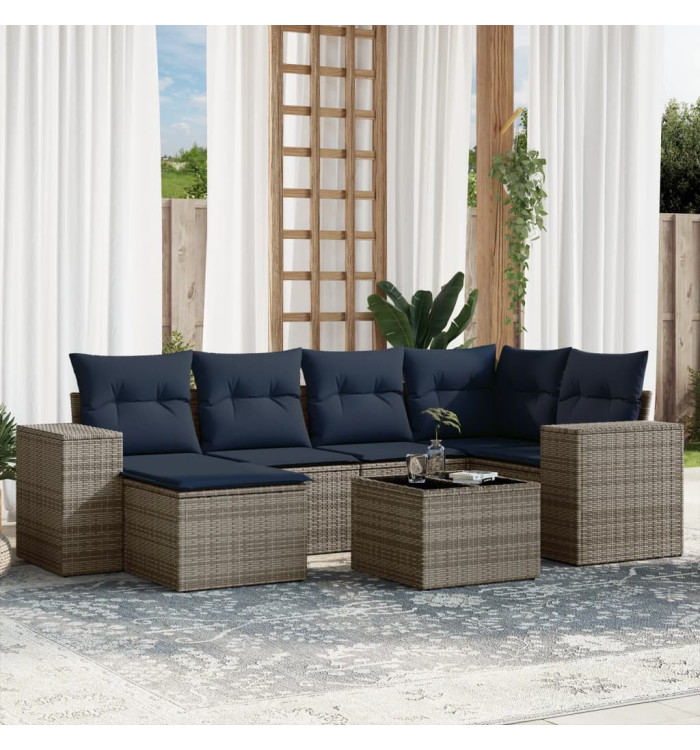 Salon de jardin 7 pcs avec coussins gris résine tressée | Mobilier & Déco