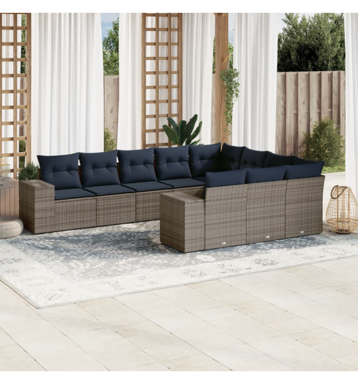 Salon de jardin 10 pcs avec coussins gris résine tressée | Mobilier & Déco