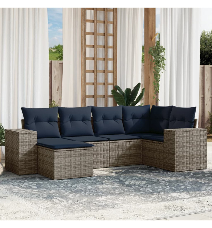 Salon de jardin 6 pcs avec coussins gris résine tressée | Mobilier & Déco