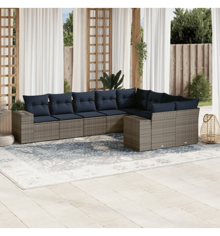 Salon de jardin 9 pcs avec coussins gris résine tressée | Mobilier & Déco