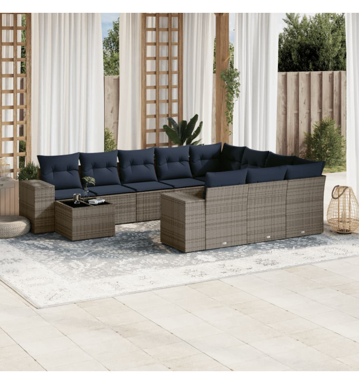 Salon de jardin 11 pcs avec coussins gris résine tressée | Mobilier & Déco