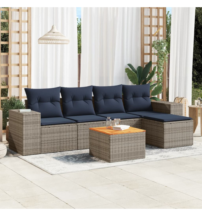 Salon de jardin 6 pcs avec coussins gris résine tressée | Mobilier & Déco