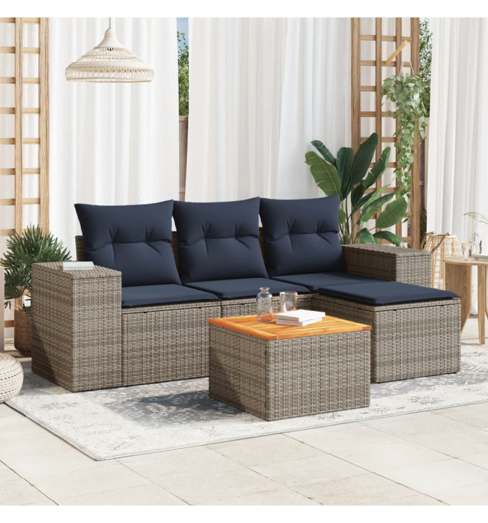 Salon de jardin 5 pcs avec coussins gris résine tressée | Mobilier & Déco
