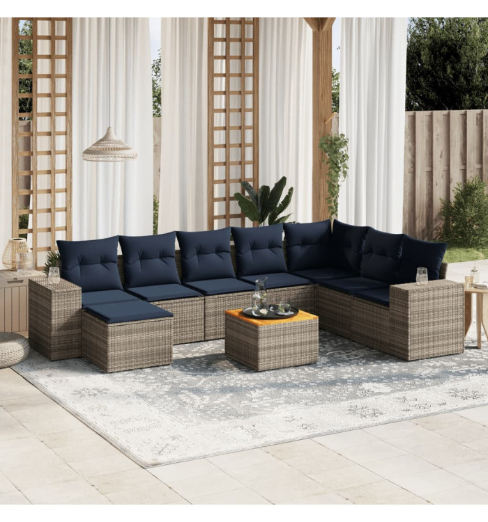 Salon de jardin 9 pcs avec coussins gris résine tressée | Mobilier & Déco