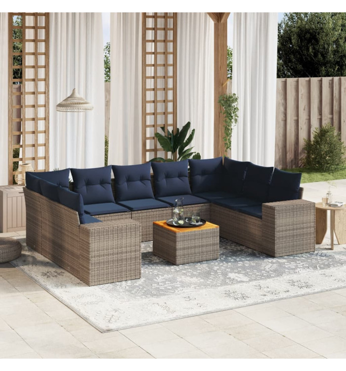 Salon de jardin 10 pcs avec coussins gris résine tressée | Mobilier & Déco
