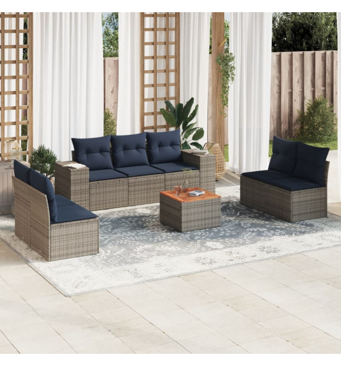 Salon de jardin 8 pcs avec coussins gris résine tressée | Mobilier & Déco