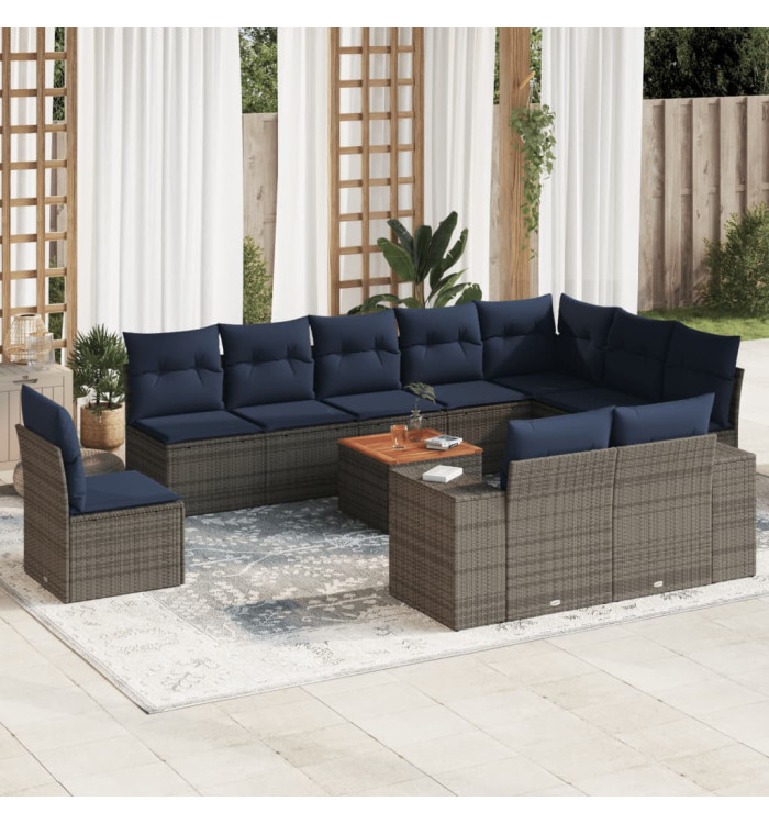 Salon de jardin 11 pcs avec coussins gris résine tressée | Mobilier & Déco