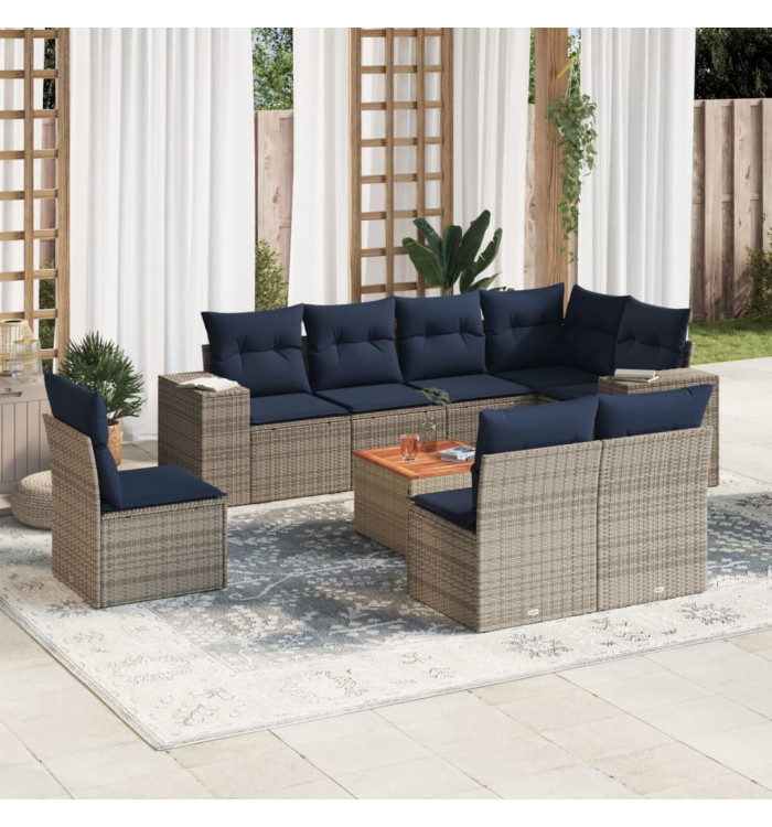 Salon de jardin 9 pcs avec coussins gris résine tressée | Mobilier & Déco
