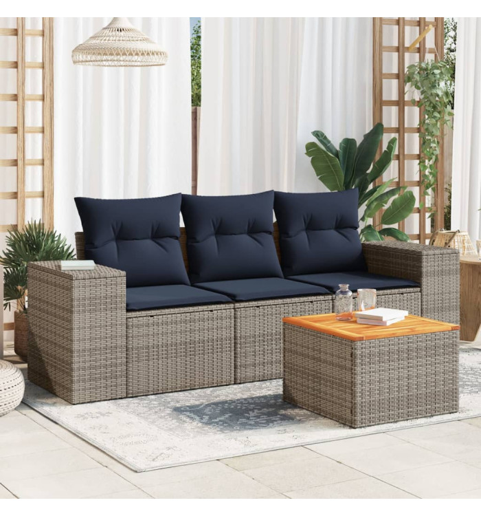 Salon de jardin 4 pcs avec coussins gris résine tressée | Mobilier & Déco