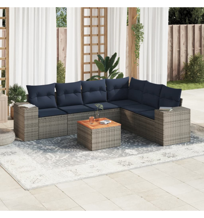 Salon de jardin 7 pcs avec coussins gris résine tressée | Mobilier & Déco