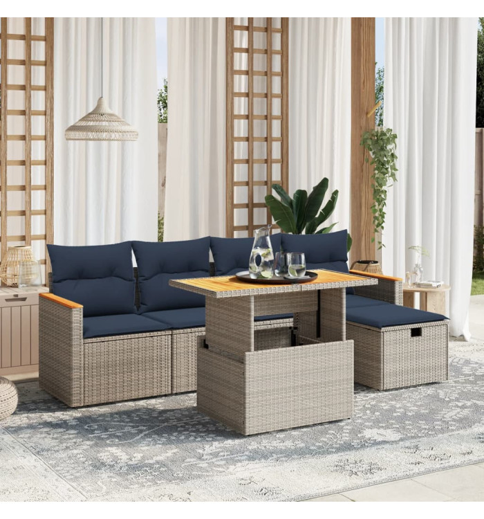 Salon de jardin 6 pcs avec coussins gris résine tressée | Mobilier & Déco