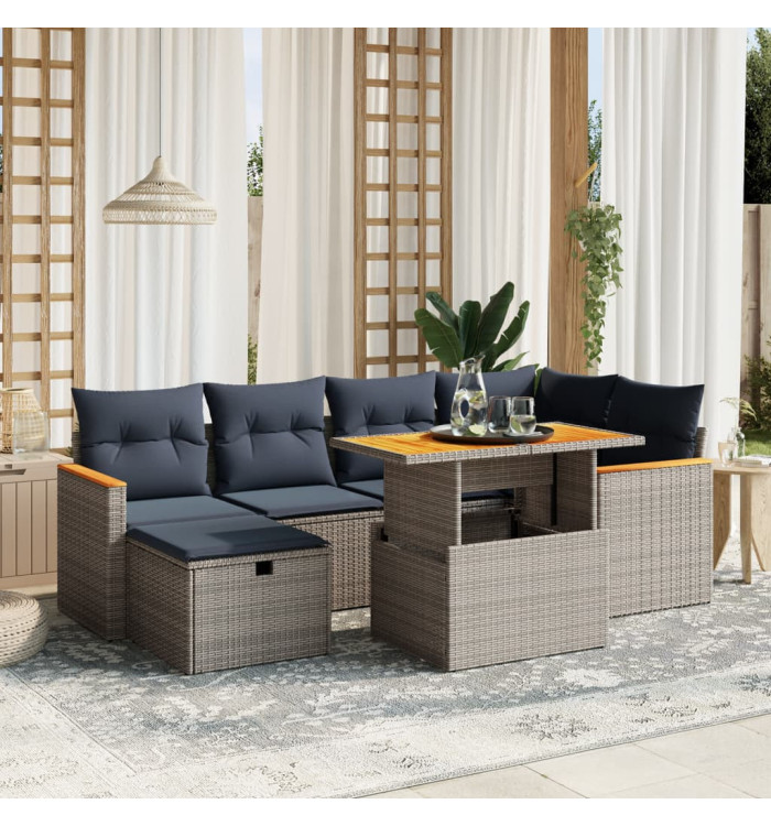 Salon de jardin 7 pcs avec coussins gris résine tressée | Mobilier & Déco