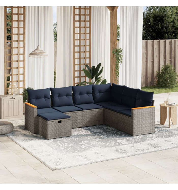 Salon de jardin 7 pcs avec coussins gris résine tressée | Mobilier & Déco