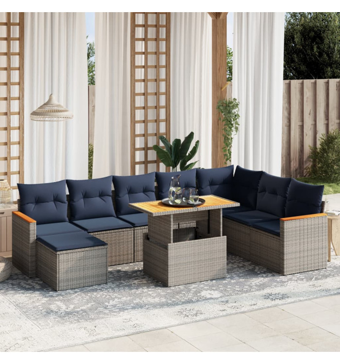 Salon de jardin 9 pcs avec coussins gris résine tressée | Mobilier & Déco