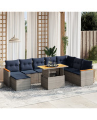 Salon de jardin 9 pcs avec coussins gris résine tressée | Mobilier & Déco