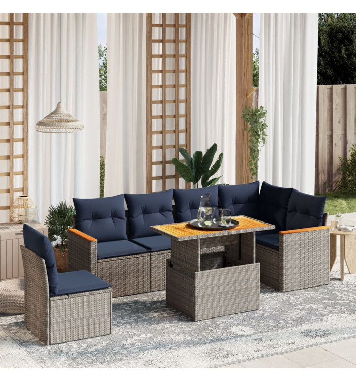 Salon de jardin 7 pcs avec coussins gris résine tressée | Mobilier & Déco