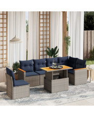 Salon de jardin 7 pcs avec coussins gris résine tressée | Mobilier & Déco