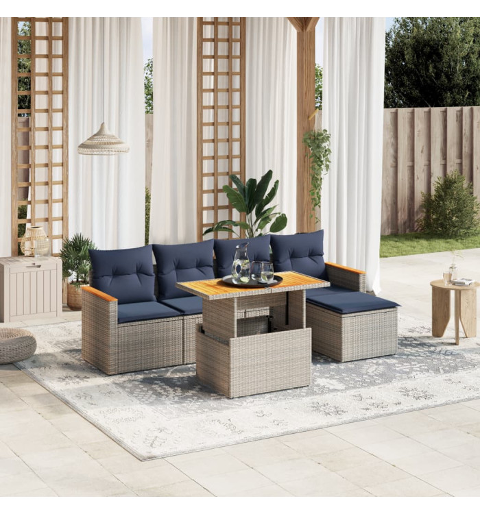 Salon de jardin 6 pcs avec coussins gris résine tressée | Mobilier & Déco