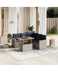 Salon de jardin 6 pcs avec coussins gris résine tressée | Mobilier & Déco
