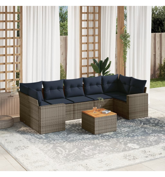 Salon de jardin 8 pcs avec coussins gris résine tressée | Mobilier & Déco