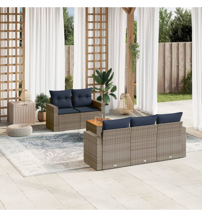 Salon de jardin 6 pcs avec coussins gris résine tressée | Mobilier & Déco
