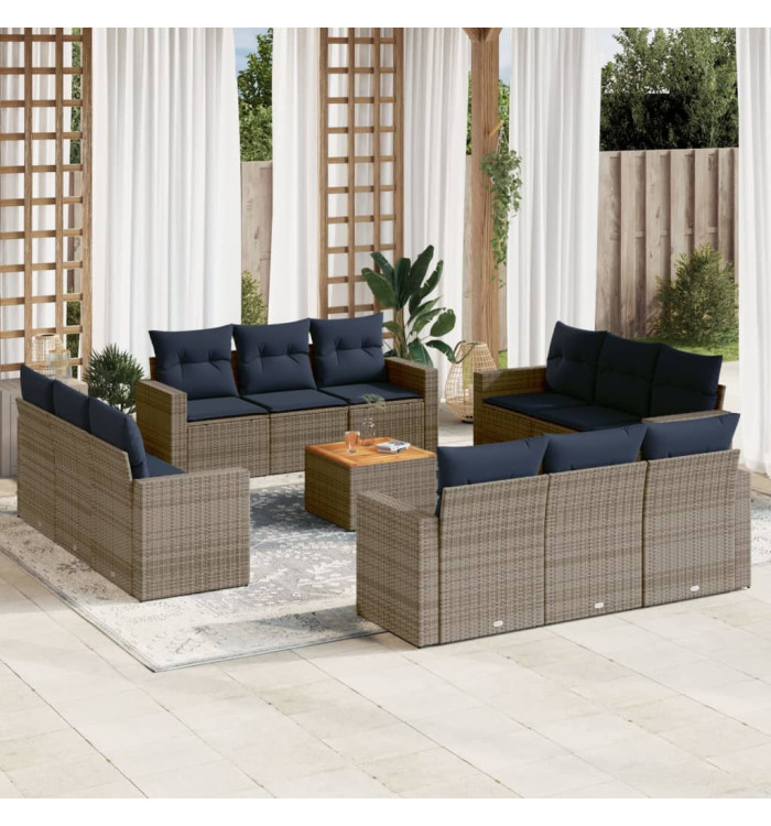 Salon de jardin avec coussins 13 pcs gris résine tressée | Mobilier & Déco