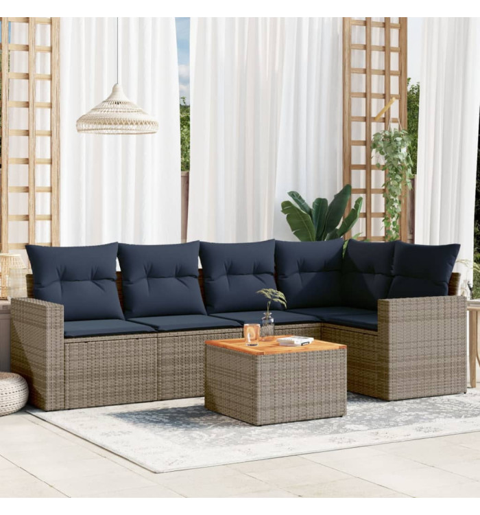 Salon de jardin 6 pcs avec coussins gris résine tressée | Mobilier & Déco