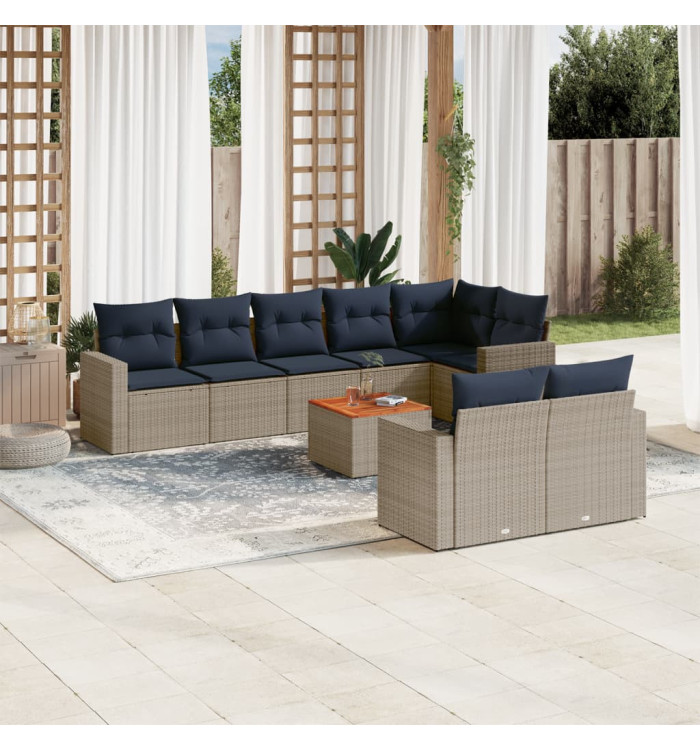Salon de jardin 9 pcs avec coussins gris résine tressée | Mobilier & Déco