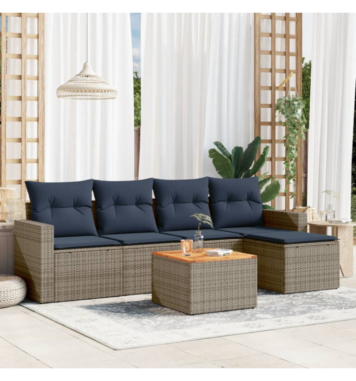 Salon de jardin 6 pcs avec coussins gris résine tressée | Mobilier & Déco