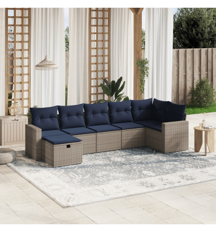 Salon de jardin 7 pcs avec coussins gris résine tressée | Mobilier & Déco
