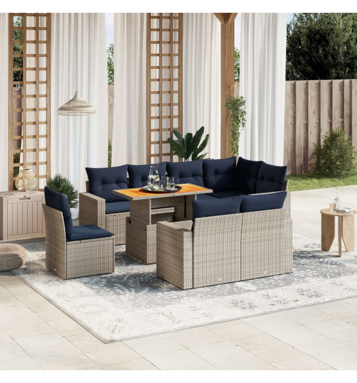 Salon de jardin 9 pcs avec coussins gris résine tressée | Mobilier & Déco
