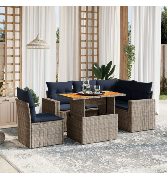 Salon de jardin 6 pcs avec coussins gris résine tressée | Mobilier & Déco