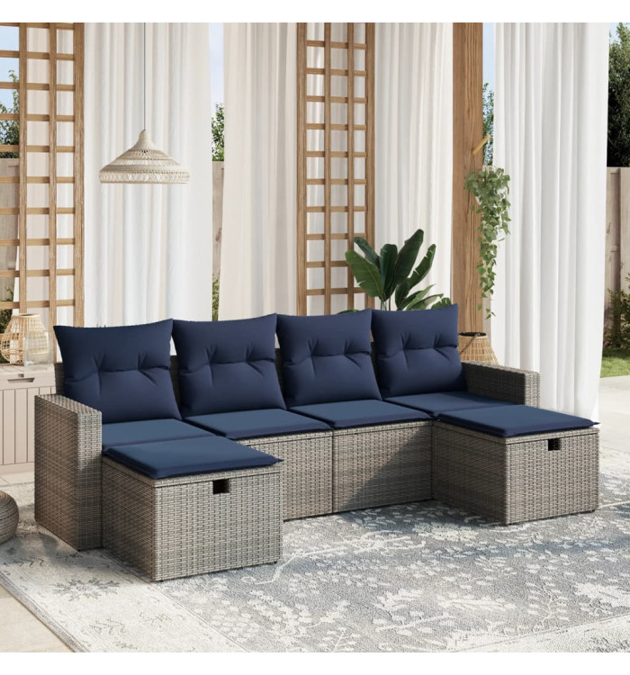 Salon de jardin 6 pcs avec coussins gris résine tressée | Mobilier & Déco