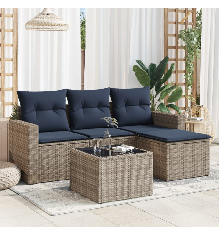 Salon de jardin 5 pcs avec coussins gris résine tressée | Mobilier & Déco