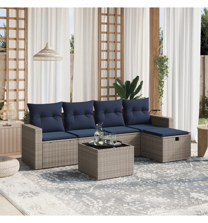 Salon de jardin 6 pcs avec coussins gris résine tressée | Mobilier & Déco