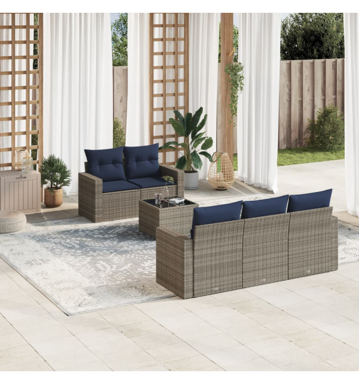 Salon de jardin 6 pcs avec coussins gris résine tressée | Mobilier & Déco