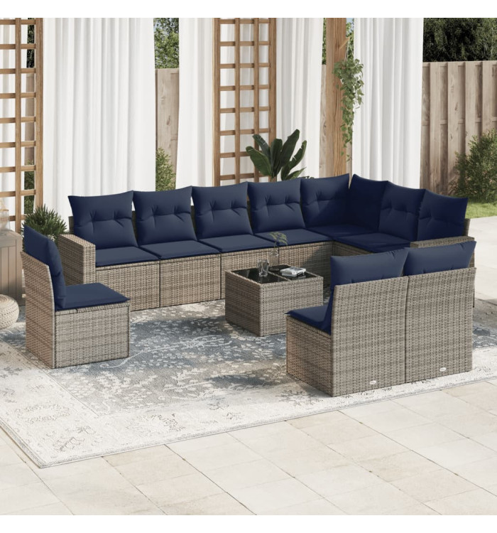 Salon de jardin 11 pcs avec coussins gris résine tressée | Mobilier & Déco