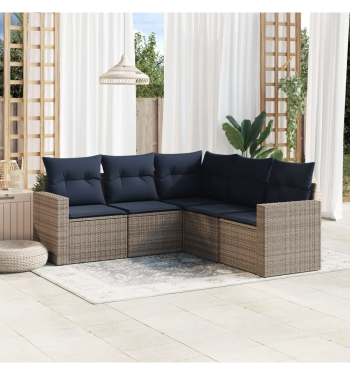 Salon de jardin 5 pcs avec coussins gris résine tressée | Mobilier & Déco