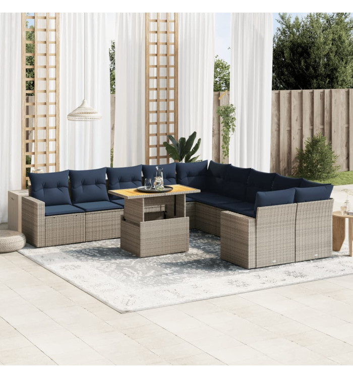 Salon de jardin 11 pcs avec coussins gris résine tressée | Mobilier & Déco