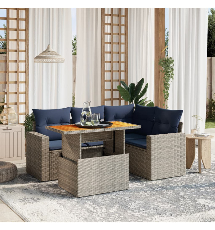 Salon de jardin 5 pcs avec coussins gris résine tressée | Mobilier & Déco