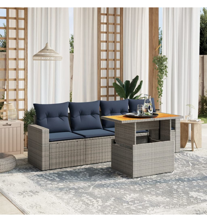 Salon de jardin 5 pcs avec coussins gris résine tressée | Mobilier & Déco