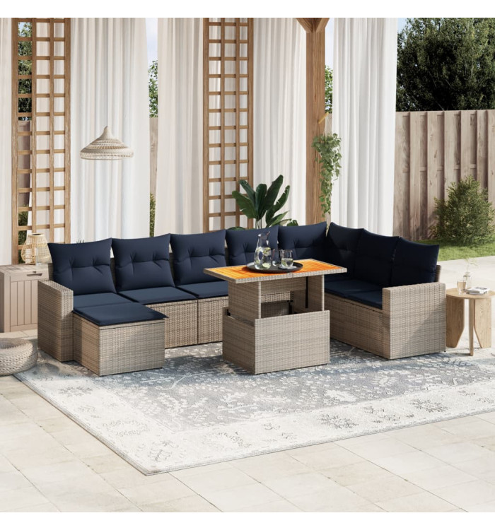 Salon de jardin 9 pcs avec coussins gris résine tressée | Mobilier & Déco