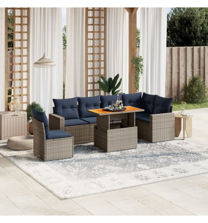 Salon de jardin 7 pcs avec coussins gris résine tressée | Mobilier & Déco