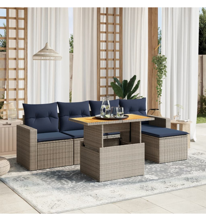 Salon de jardin 6 pcs avec coussins gris résine tressée | Mobilier & Déco
