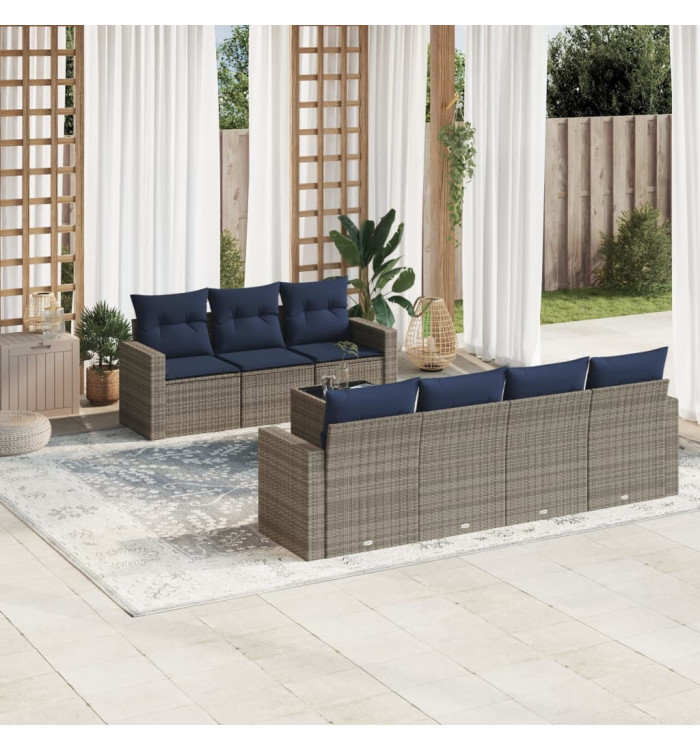 Salon de jardin 8 pcs avec coussins gris résine tressée | Mobilier & Déco